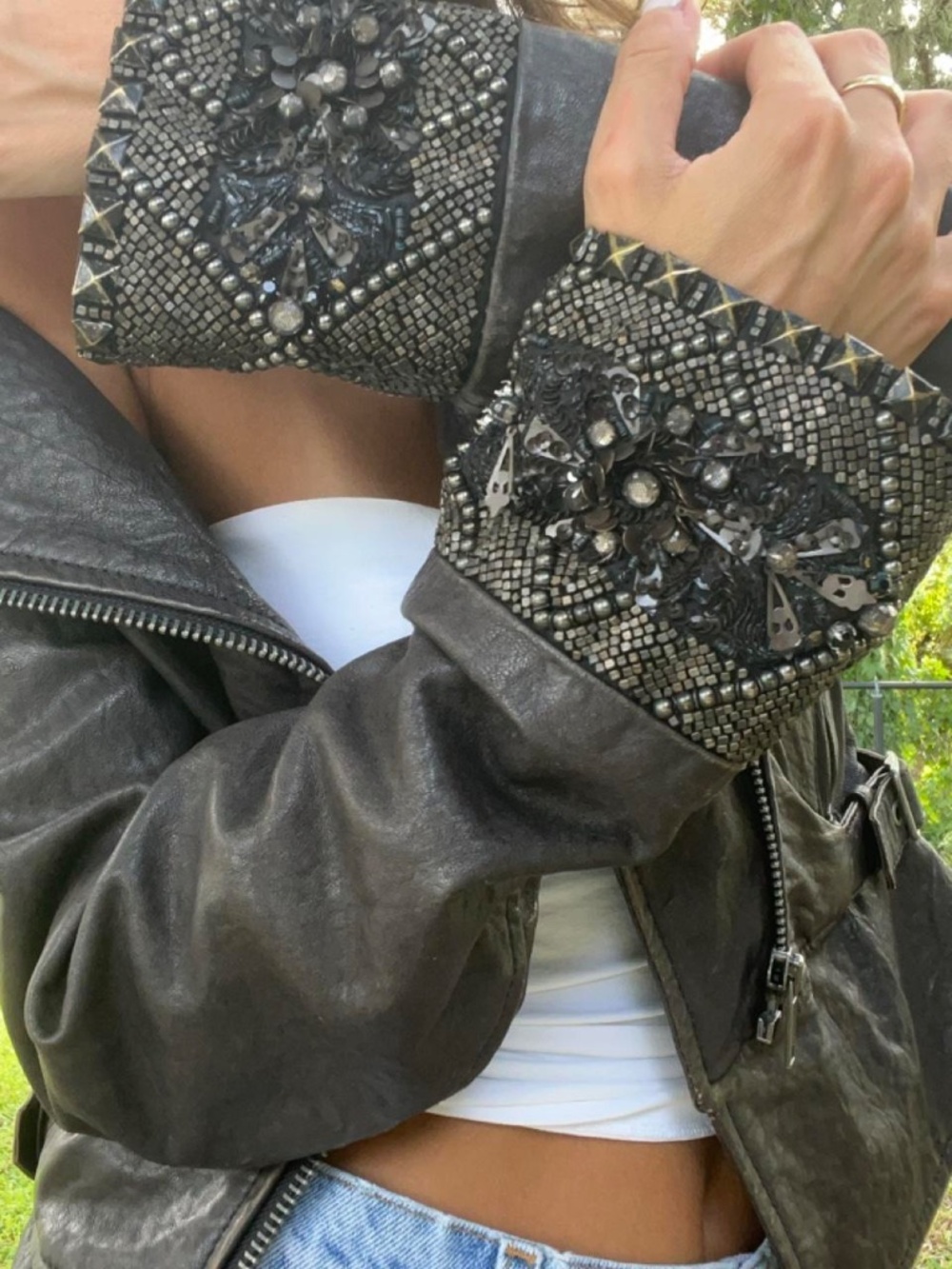 RARE Diesel Distressed Brown Leather Jacket w/ Embellished Bell Sleeves Size S